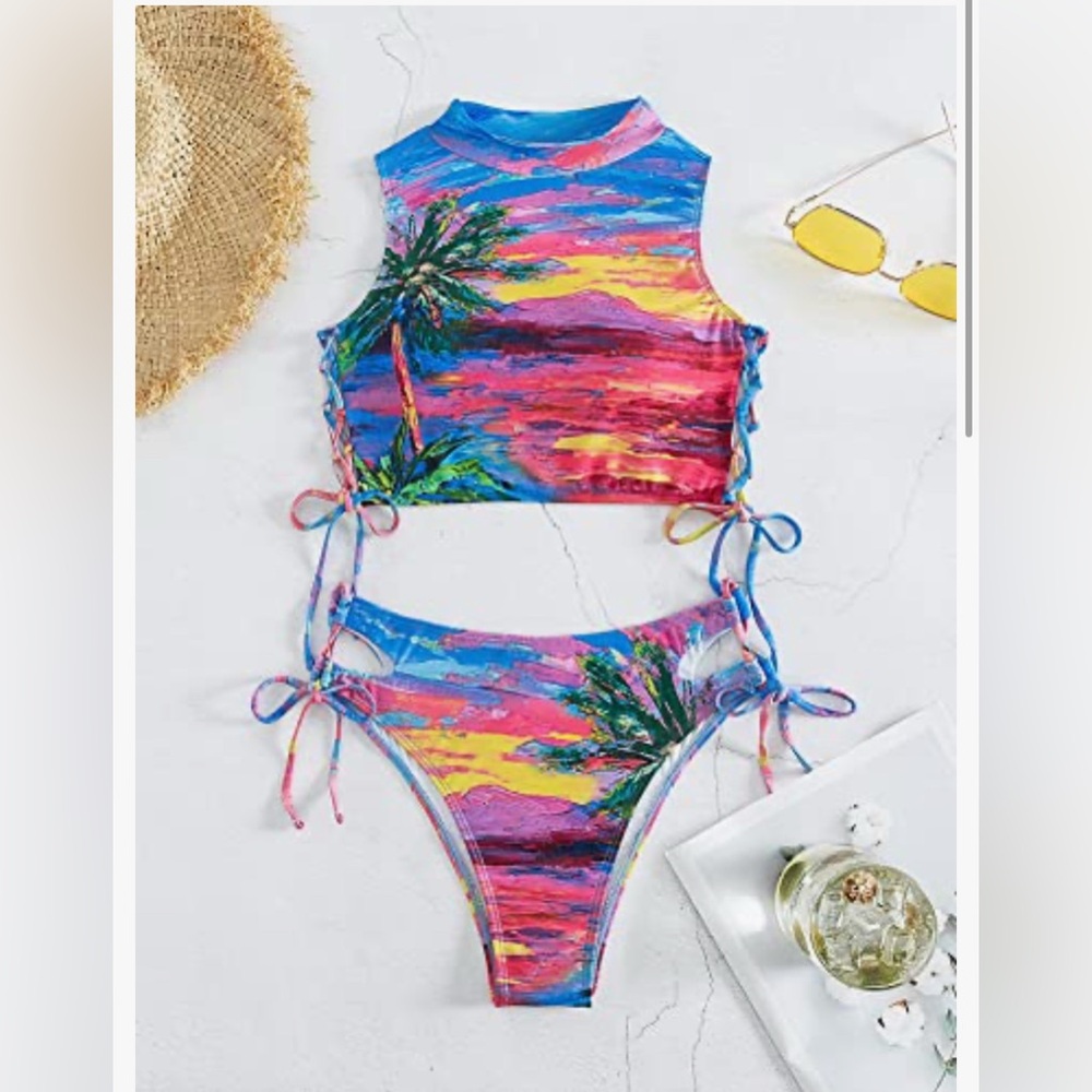 Tropical Print Drawstring Side Bikini Swimsuit Size Small